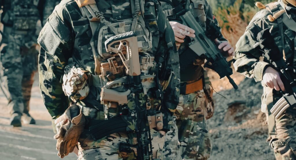 Soldiers walking with rifles and tactical gear during a military operation